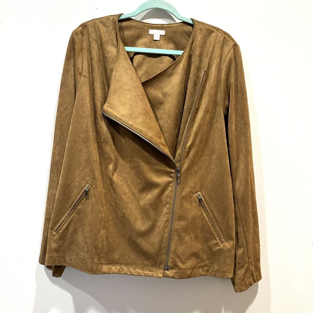 J. Jill Faux Suede Moto Jacket Camel Brown Asymmetric Zip Pockets Women sz Large